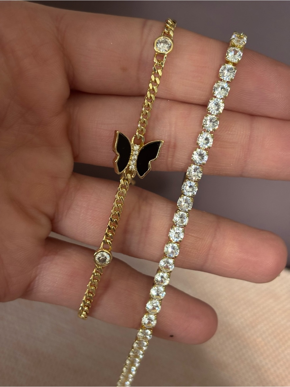 Gold Butterfly and Crystal Chain Bracelet Set - Black & Gold